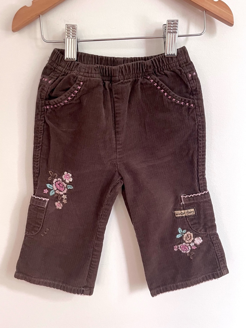 Vintage Corduroy Pants, Baby Girl, Pink Stitching & Embroidered Flowers, Relaxed